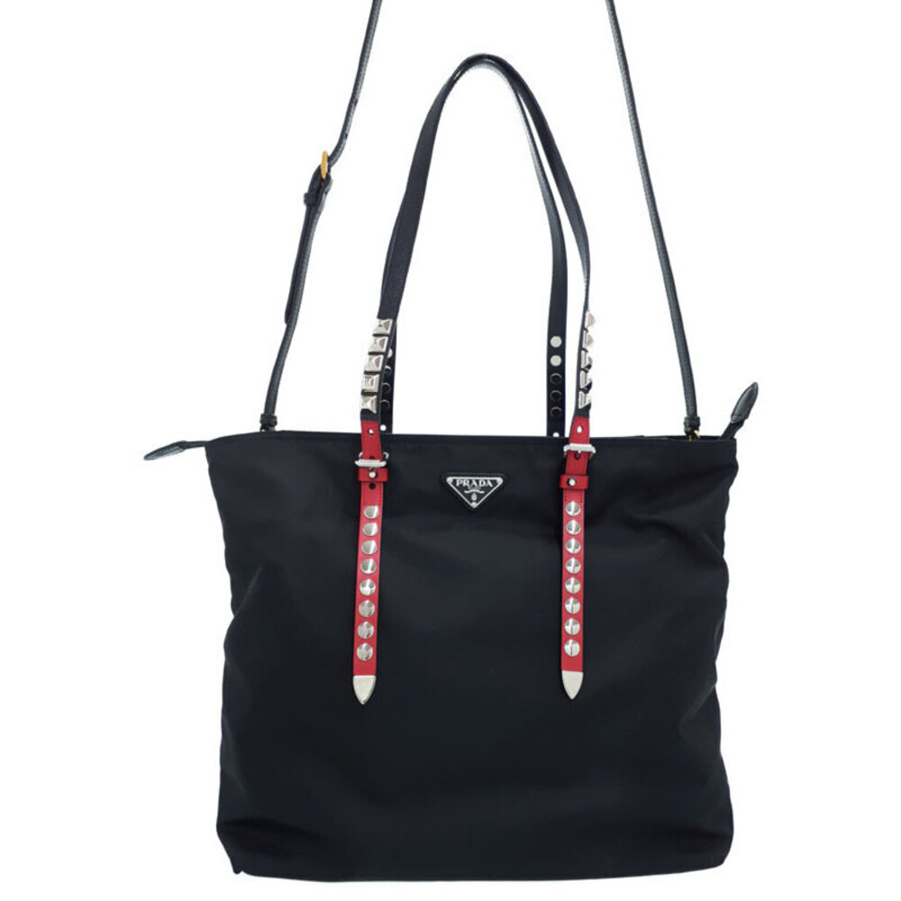 Prada Tessuto Black studded Convertible Vela leather STUDDED Tote - Picture 2 of 9